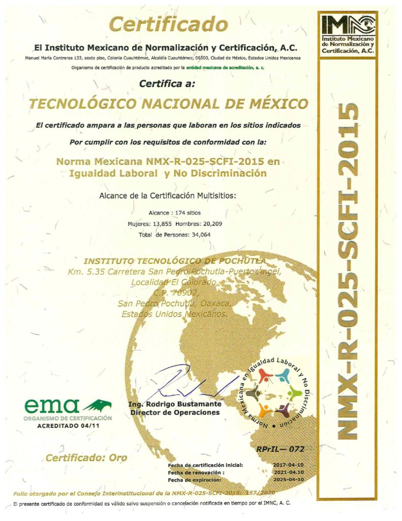 Certificado Norma Mexicana NMX-R-025-SCFI-2015 en Igualdad Laboral y No Discriminacion
