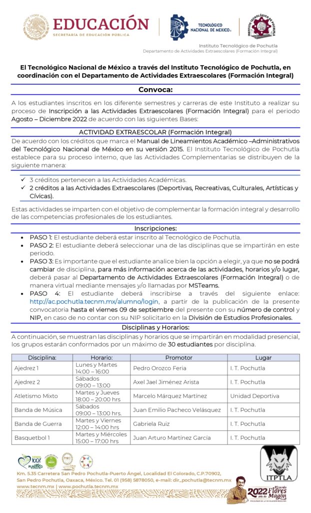 Convocatoria Actividades Extraescolares periodo Ago-Dic 2022