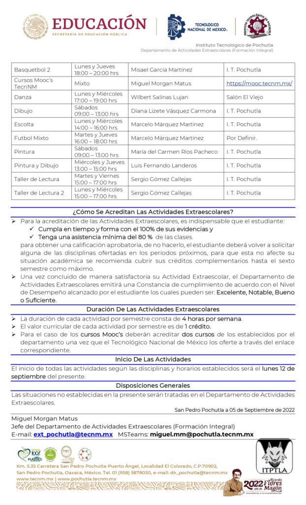 Convocatoria Actividades Extraescolares periodo Ago-Dic 2022